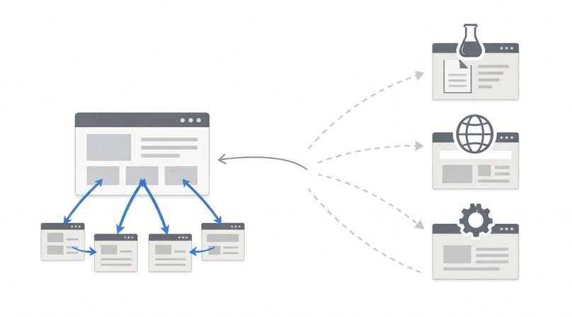 Hub-and-spoke site architecture diagram showing a central page linked to subpages and external sources for AI retrieval