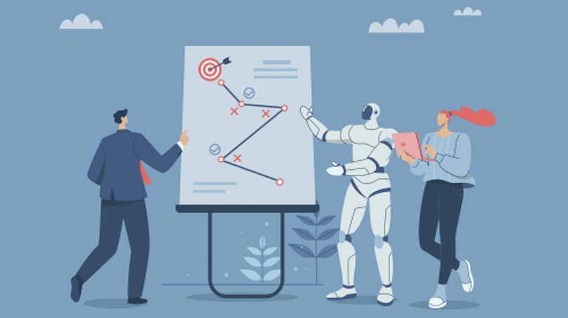 Marketing team and AI robot collaborating on a strategy board with a target, representing the seven LLMO strategies for earning AI citations