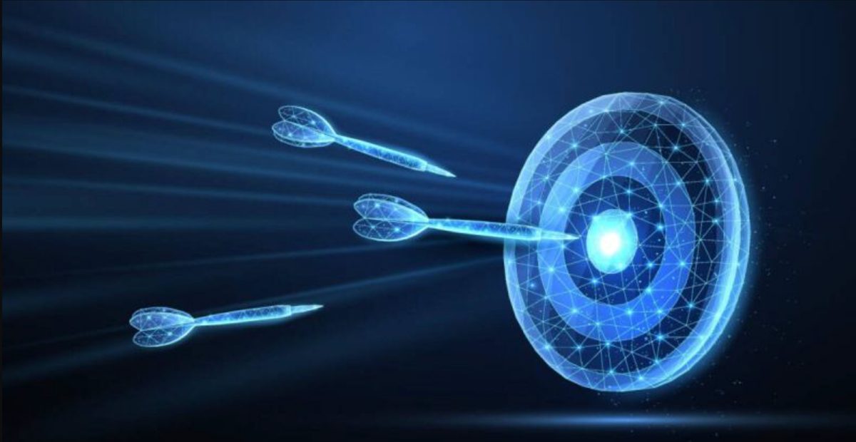 Glowing digital darts converging on a wireframe bullseye, symbolising precise strategy in the zero-click search environment